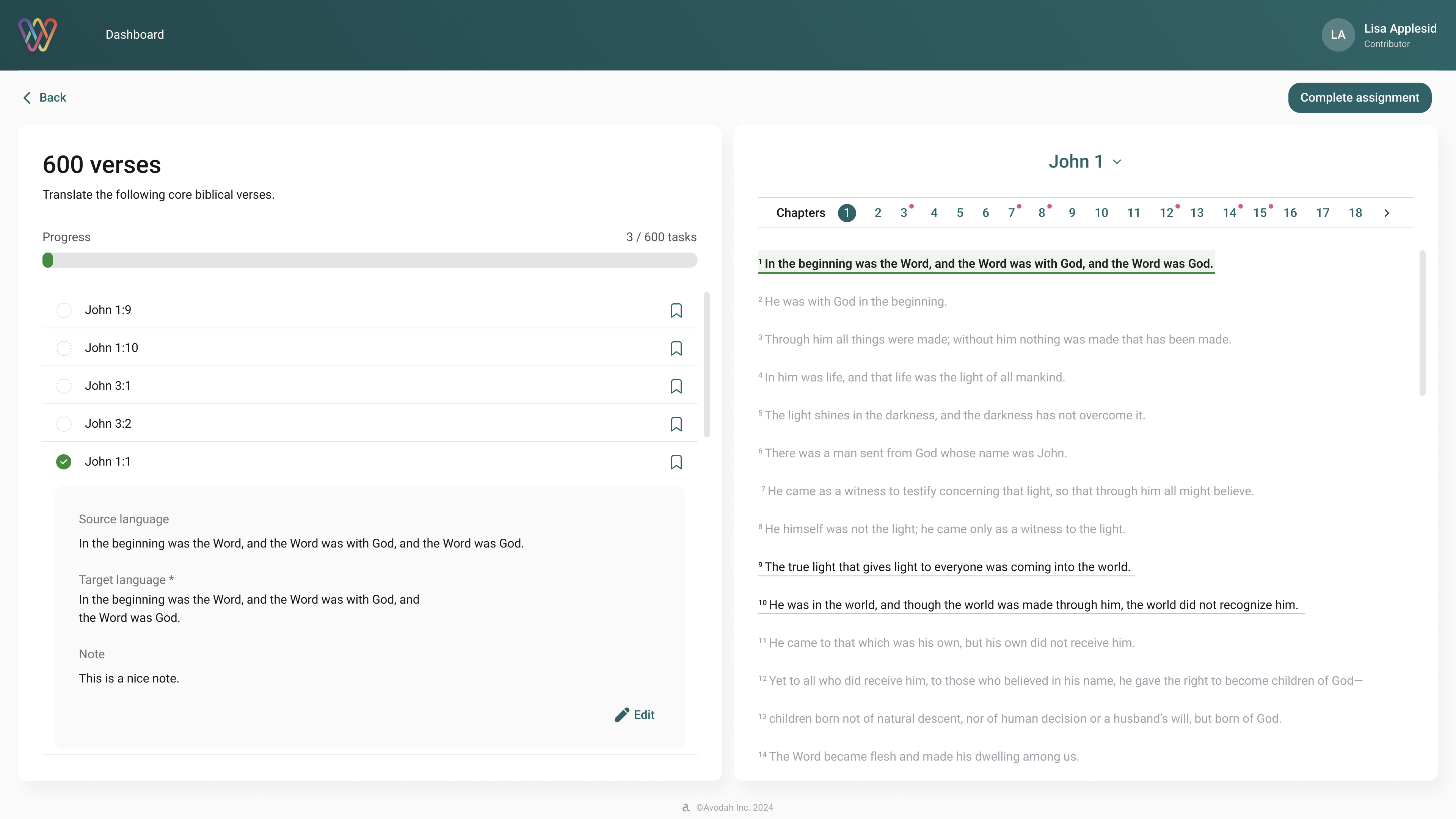 Contributor with first completed verse and note