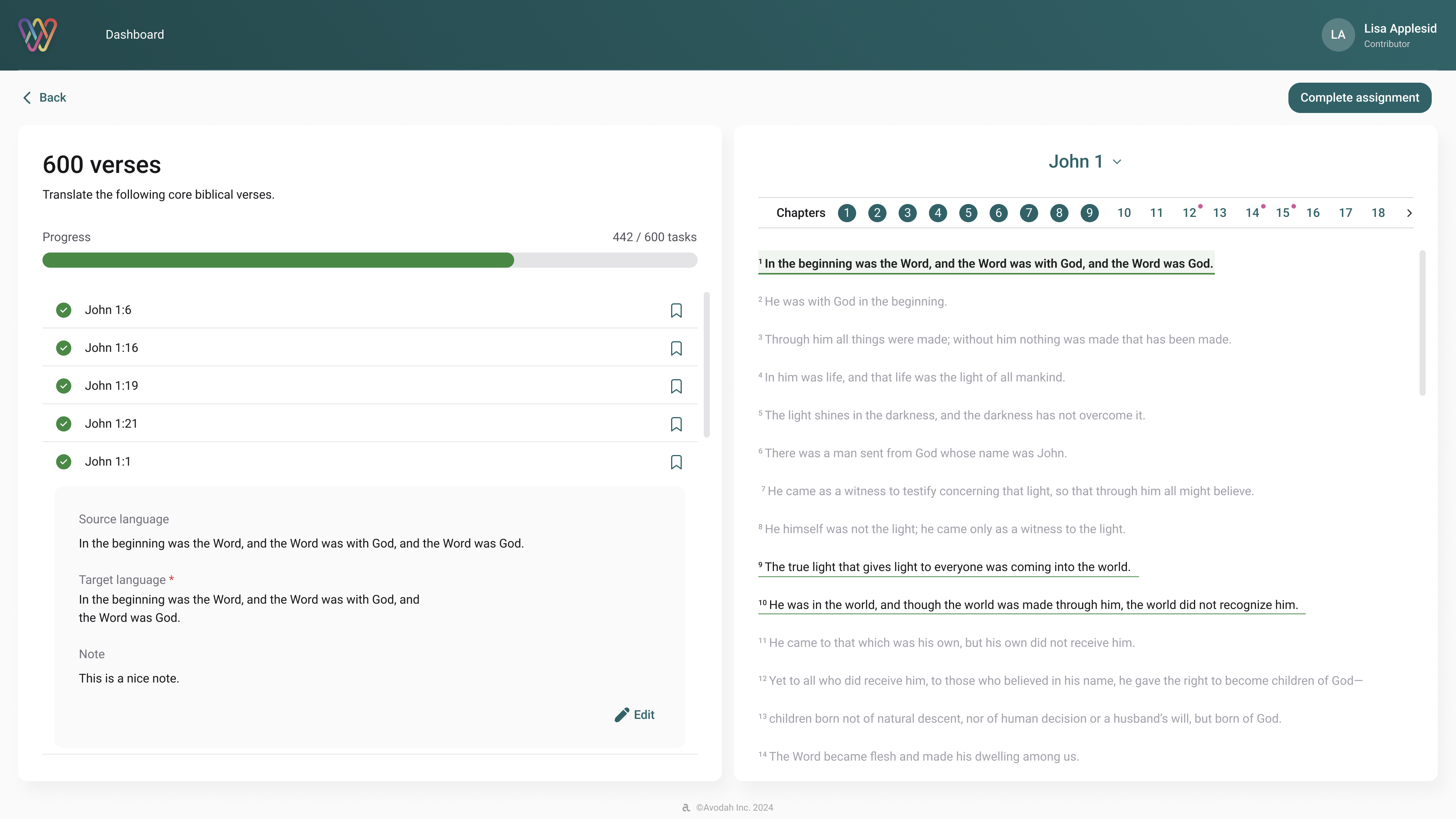 Contributor mid-translation with multiple verses completed