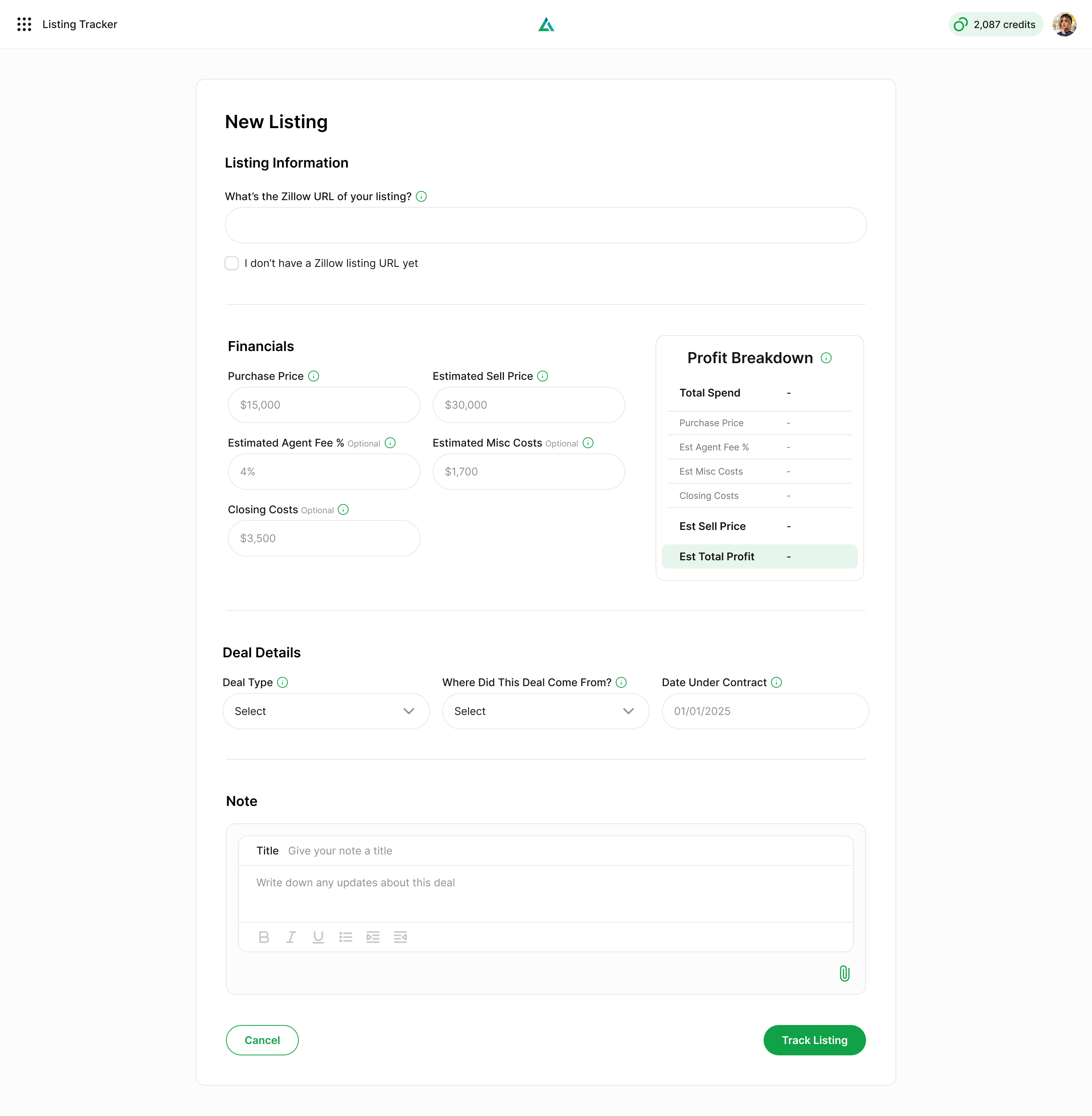 New listing form with Zillow URL, financials, live profit breakdown, and deal details
