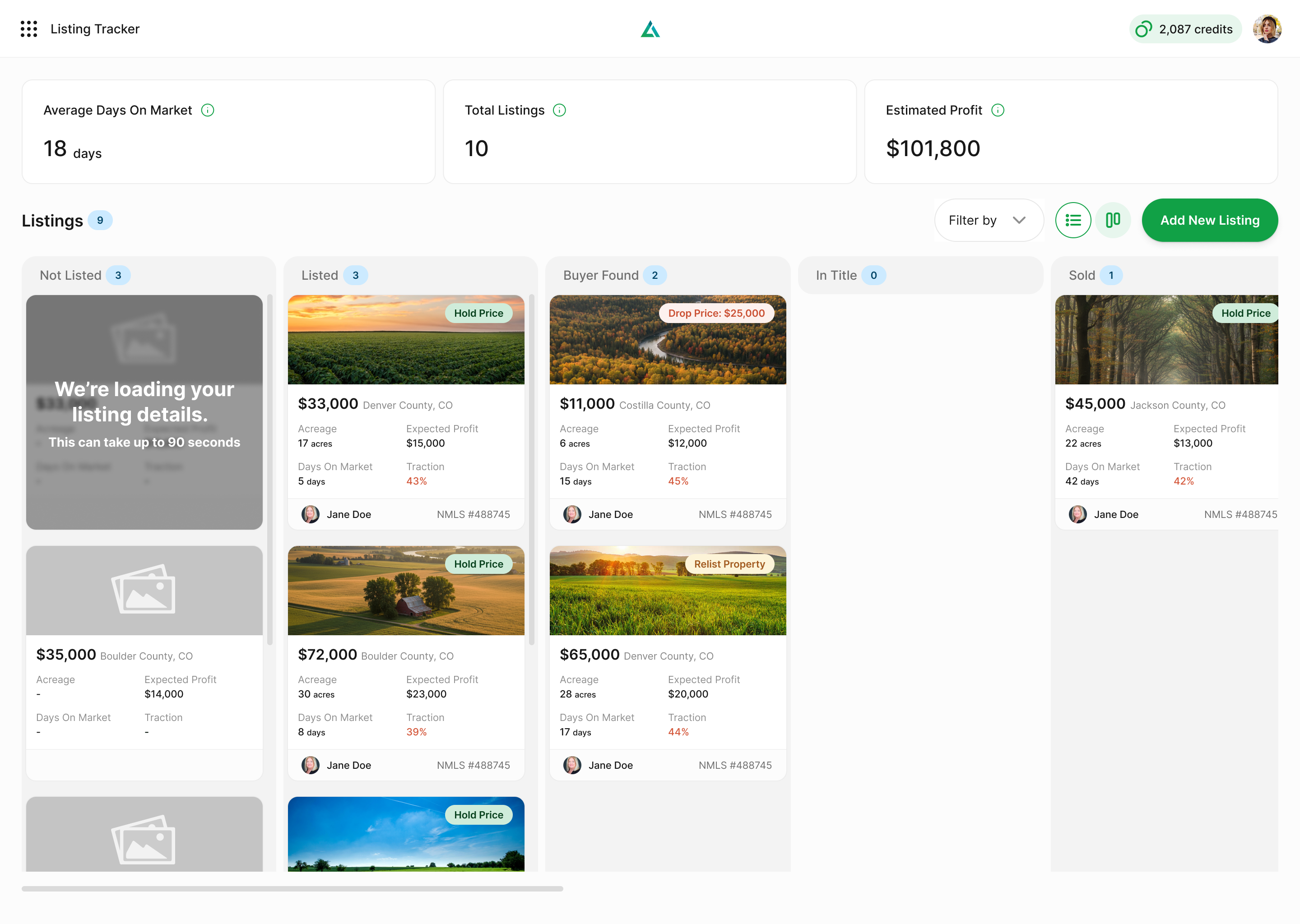 Kanban view with a new listing loading its details